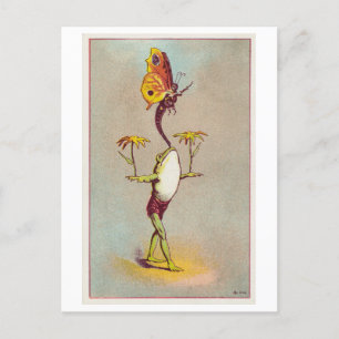 Frosch balanciert Blumen und Schmetterling Vintage Postkarte