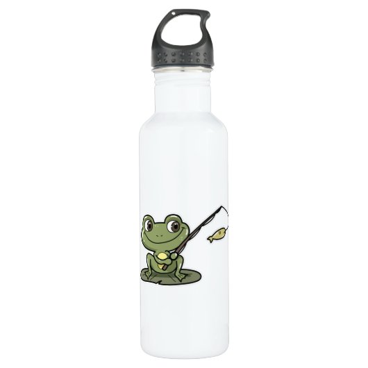 Frosch beim Angeln mit Angelrute Edelstahlflasche (Vorderseite)