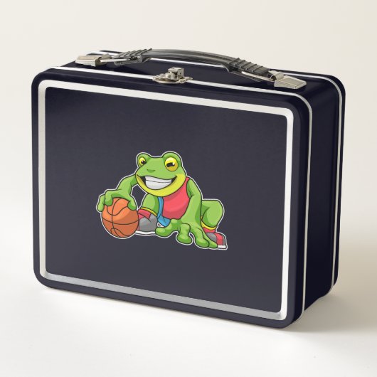 Frosch beim Sport mit Basketball Metall Brotdose (Vorderseite)