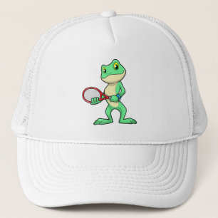 Frosch beim Tennis mit Tennisschläger Truckerkappe