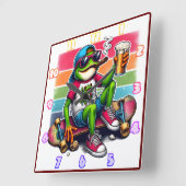 Frosch bereit zum Party mit einem Drink auf einem Quadratische Wanduhr (Winkel)