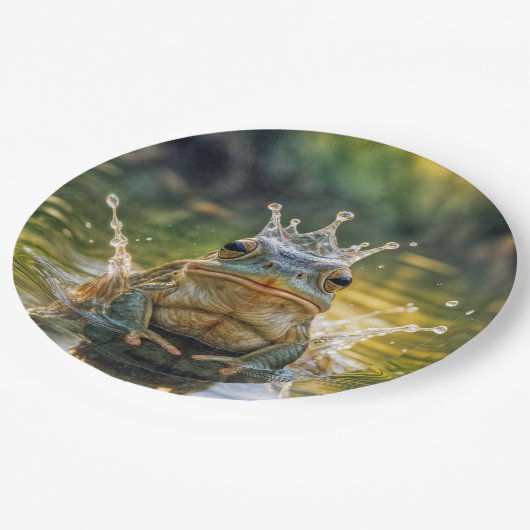 Frosch, der eine Wasserschlackenkrone trägt Pappteller (Schrägansicht)