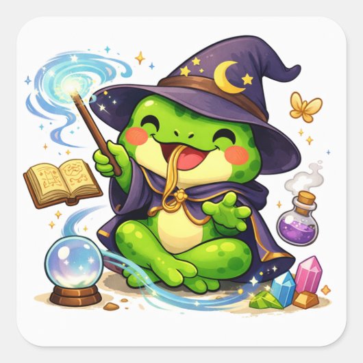 Frosch-Fantasy-Illustration mit Zauberer Quadratischer Aufkleber (Vorderseite)