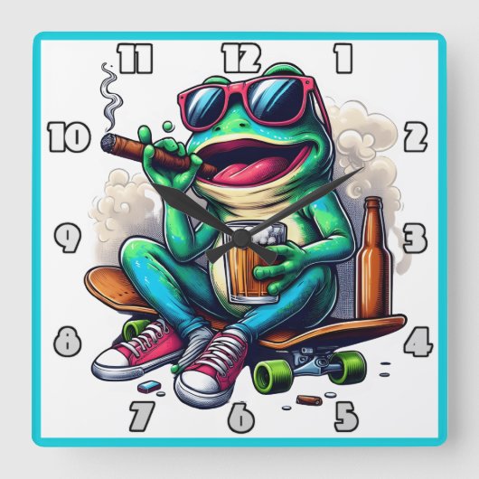 Frosch feiern auf einem Skateboard mit Getränken! Quadratische Wanduhr (Vorderseite)