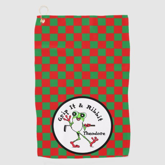 Frosch Golfing Grip It and Ribbit Red & Green Karo Golfhandtuch (Vorderseite)