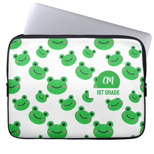 Frosch Happy Face Pattern Green Monogram School Laptopschutzhülle (Vorderseite)