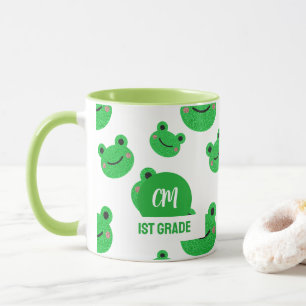 Frosch Happy Face Pattern Green Monogram School Tasse