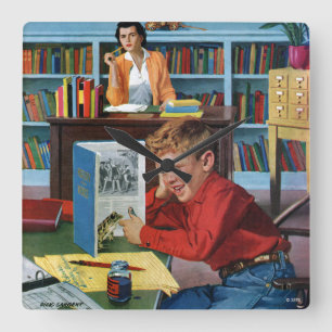 Frosch in der Bibliothek Quadratische Wanduhr