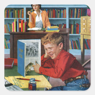 Frosch in der Bibliothek Quadratischer Aufkleber