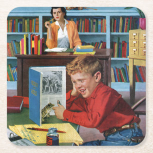 Frosch in der Bibliothek Rechteckiger Pappuntersetzer