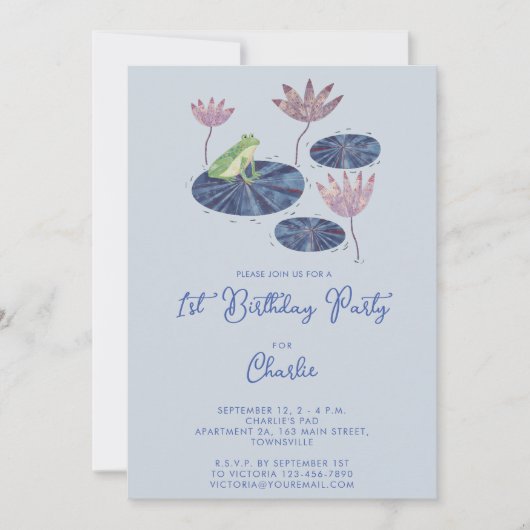 Frosch in einem Lilienteich Niedliche Kinder Erste Einladung (Vorderseite)