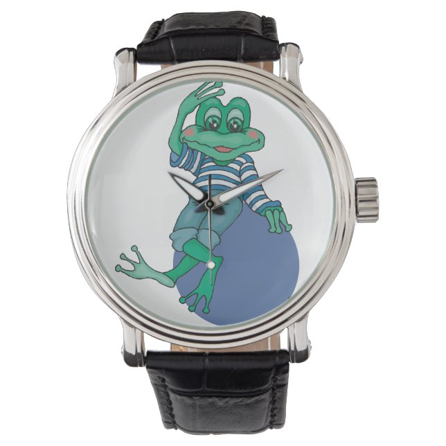 Frosch in Jeans, Geburtstag, Polka Dots Armbanduhr (Vorderseite)
