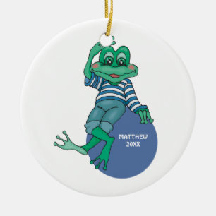 Frosch in Jeans, Geburtstag, Polka Dots Keramikornament