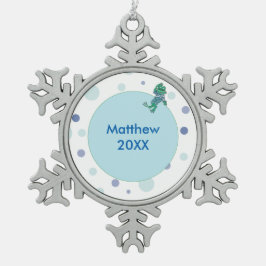 Frosch in Jeans, Geburtstag, Polka Dots Schneeflocken Zinn-Ornament