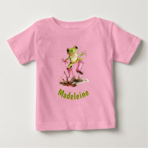 Frosch in rosa Regenstiefeln Monogramm Pastell Kin Baby T-shirt