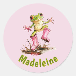 Frosch in rosa Regenstiefeln Monogramm Pastell Kin Runder Aufkleber