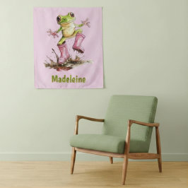 Frosch in süßen rosa Stiefeln in einer Pfütze Mono Wandteppich