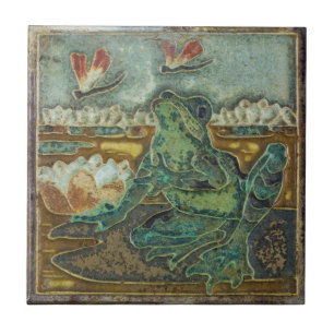 Frosch, Libelle und Seerosenblüten-Vintage-Kunst Fliese