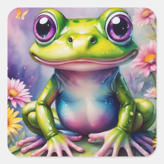 Frosch mit Blume, digitale Kunst Quadratischer Aufkleber (Vorderseite)