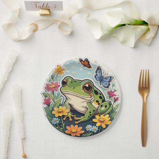 Frosch mit Blume und Schmetterlingen Pappteller (Hochzeit)