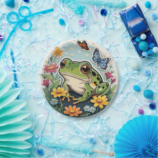 Frosch mit Blume und Schmetterlingen Pappteller (Party)