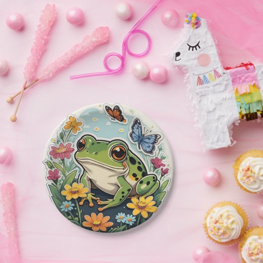 Frosch mit Blume und Schmetterlingen Pappteller (Party)