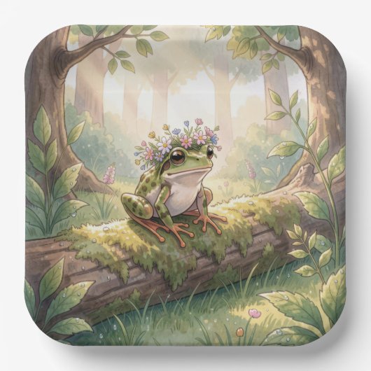 Frosch mit Blumenkrone im Wald Pappteller (Vorderseite)