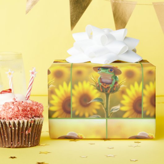 Frosch mit einem Strohhut auf einem Sonnenblumenkn Geschenkpapier (Geburtstagsparty)
