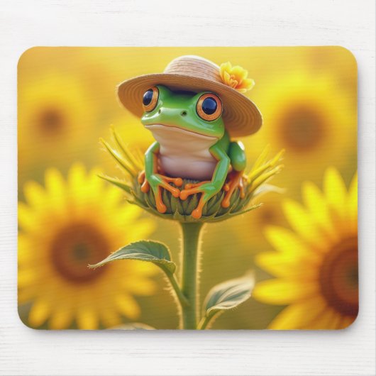 Frosch mit einem Strohhut auf einem Sonnenblumenkn Mousepad (Vorne)