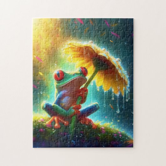 Frosch mit gelbem Daisy-Regenschirm im Regen Puzzle (Vertikal)