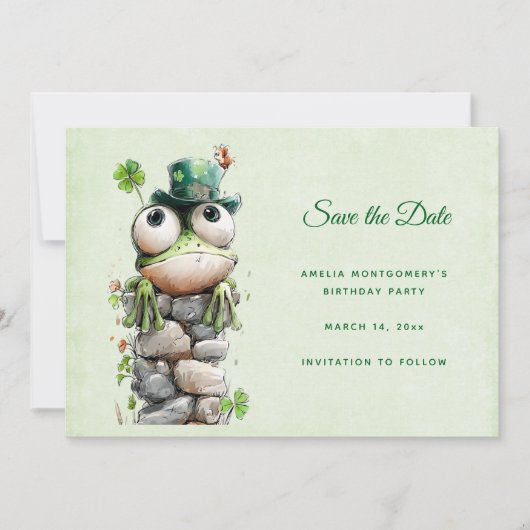 Frosch mit grünem Hut und Kleeblatt Niedlich Save The Date (Vorderseite)