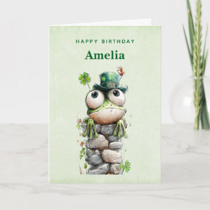Frosch mit grünem Hut und Kleeblatt zum süßen Gebu Karte