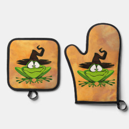 Frosch mit Hexenhut Halloween Ofenhandschuh & Topflappen-Set