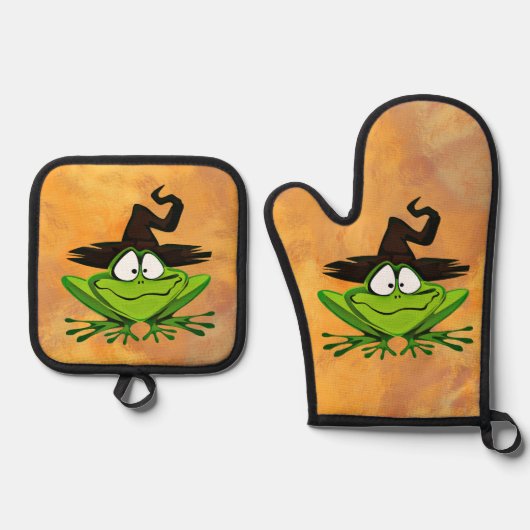 Frosch mit Hexenhut Halloween Ofenhandschuh & Topflappen-Set (Vorderseite)