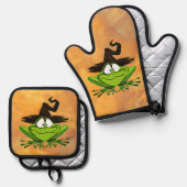 Frosch mit Hexenhut Halloween Ofenhandschuh & Topflappen-Set (Vorderseite/Rückseite)