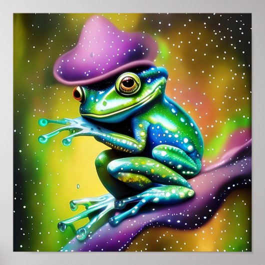 Frosch mit Hut im Regen Poster (Vorne)