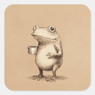Frosch mit Kaffee – Whimsical Vintage Tier Quadratischer Aufkleber