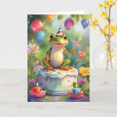Frosch mit Kuchen, Kerzen und Ballons Karte (Gelbe Blume)