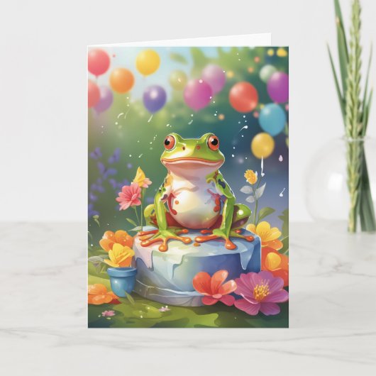 Frosch mit Kuchen und Ballons Karte (Vorderseite)