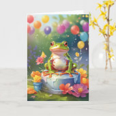 Frosch mit Kuchen und Ballons Karte (Gelbe Blume)