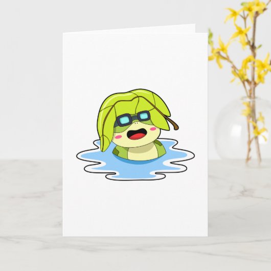 Frosch mit Leaf beim Schwimmen Karte (Gelbe Blume)