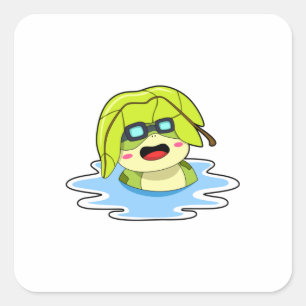 Frosch mit Leaf beim Schwimmen Quadratischer Aufkleber
