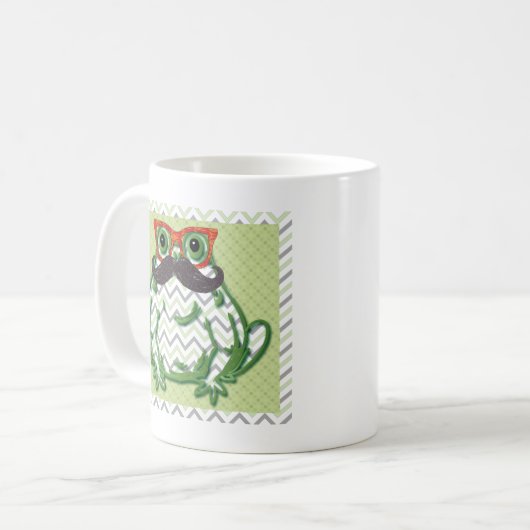 Frosch mit Schnurrbart- und Fischgläsern durch Kaffeetasse (Vorderseite Links)