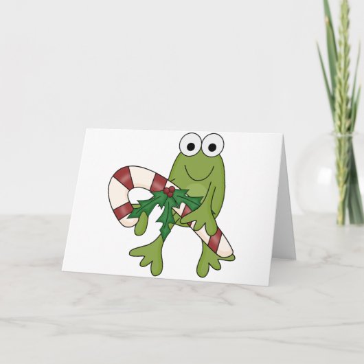 Frosch mit Süßkanistenhemden und Geschenken Feiertagskarte (Vorderseite)