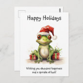 Frosch mit Weihnachtsmannmütze verpackte Geschenke Postkarte (Vorne/Hinten)