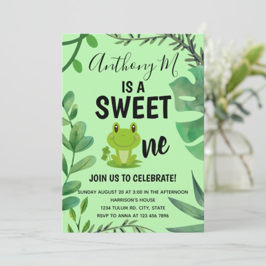 Frosch Party 1. Geburtstag Froschgrün Einladung (Stehend Vorderseite)