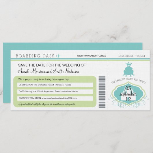 Frosch Prince Save the Date Boarding Pass (Vorne/Hinten)