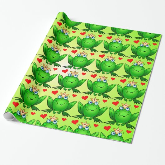 Frosch-Prinz Hearts Cheerful Cartoon Green Geschenkpapier (Ungerollt)