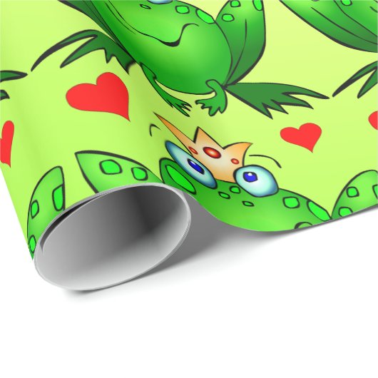 Frosch-Prinz Hearts Cheerful Cartoon Green Geschenkpapier (Rolleneckpunkt)