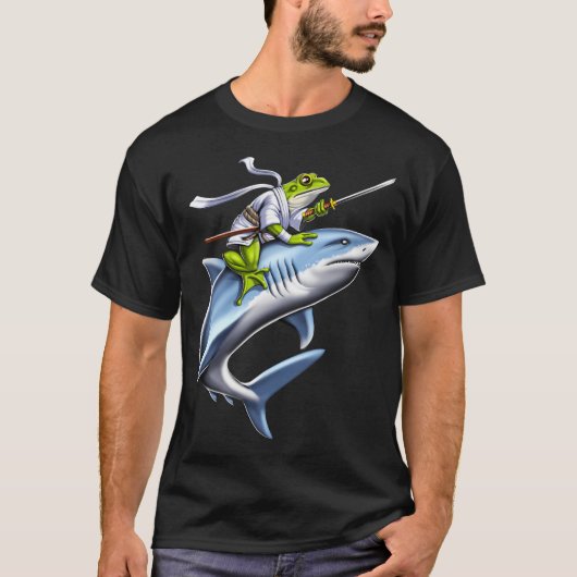 Frosch Samurai Ninja reitet auf Hai T-Shirt (Vorderseite)